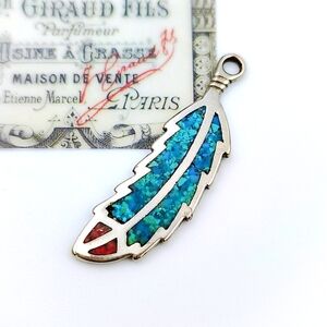 Vintage Navajo Turquoise Inlay Feather Pendant